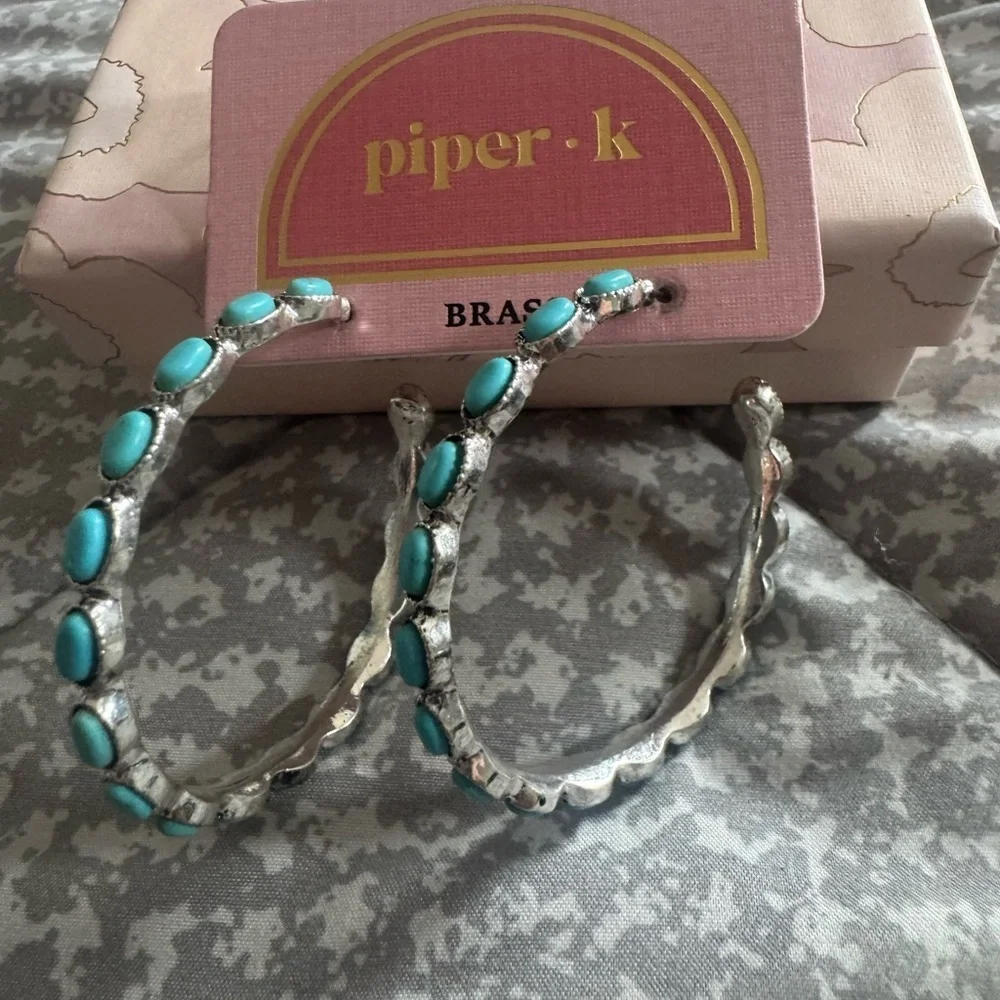 Piper K Brass and Turquoise Dangle Hoops/Earrings - Picture 2 of 6